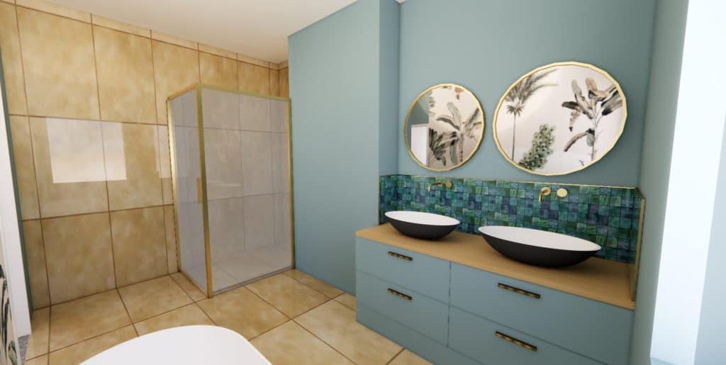 Rendu 3D d'une salle de bain avec murs bleu canard, double vasque sur meuble bois et blanc, crédence zellige vert, miroirs ronds dorés et douche vitrée