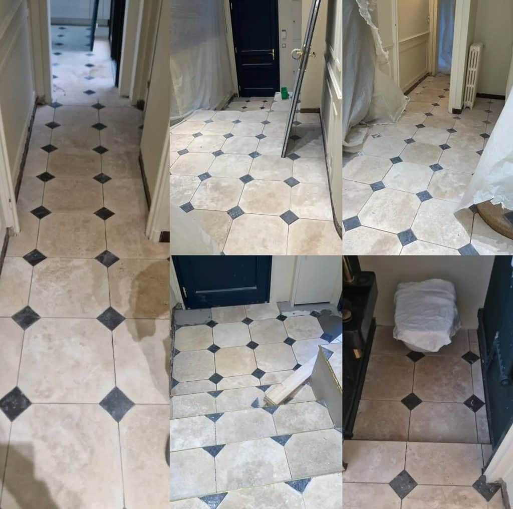 Pose de carrelage en pierre naturelle octogonale avec cabochons noirs dans l'entrée et le couloir d'une maison bordelaise