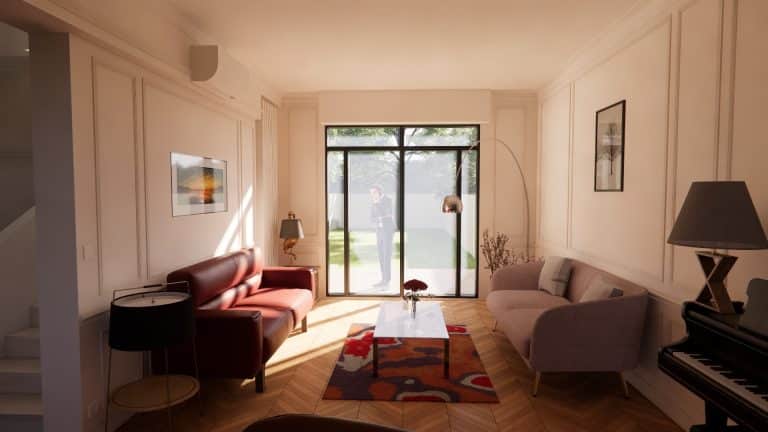 Vue 3D du séjour avec parquet point de Hongrie, grandes baies vitrées, canapés rouge et beige, piano et moulures murales