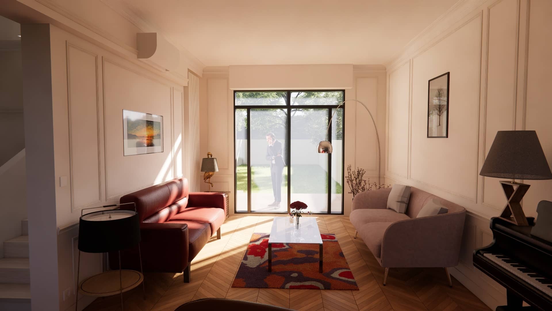Vue 3D du séjour avec parquet point de Hongrie, grandes baies vitrées, canapés rouge et beige, piano et moulures murales