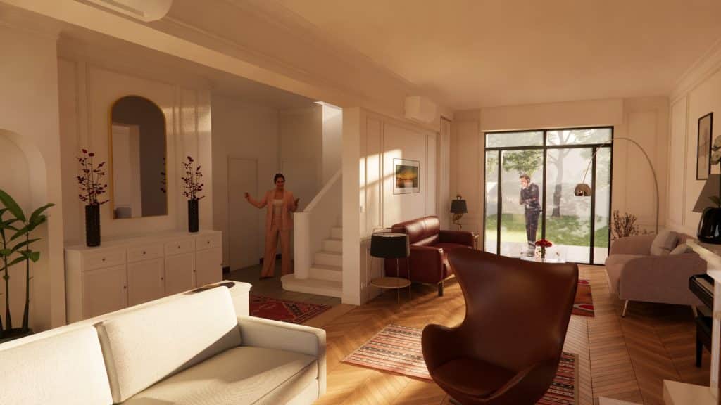 Rendu 3D de l'espace de vie ouvert avec parquet chevron, moulures, escalier, miroir doré et fauteuil Egg cognac