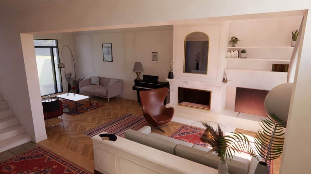 Modélisation 3D du salon avec cheminée en marbre, bibliothèque intégrée, parquet point de Hongrie, piano et tapis persan