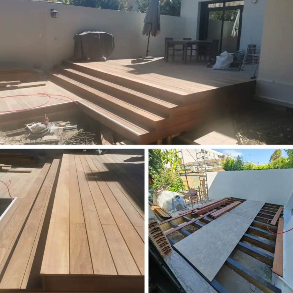 Construction d'une terrasse en bois exotique avec marches, montage sur lambourdes et vue sur le jardin